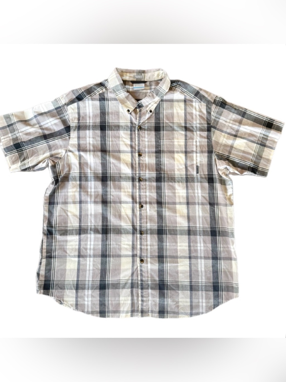 Columbia Gray Cream Plaid Button Down Mens Short Sleeve Shirt Size 2X Casual